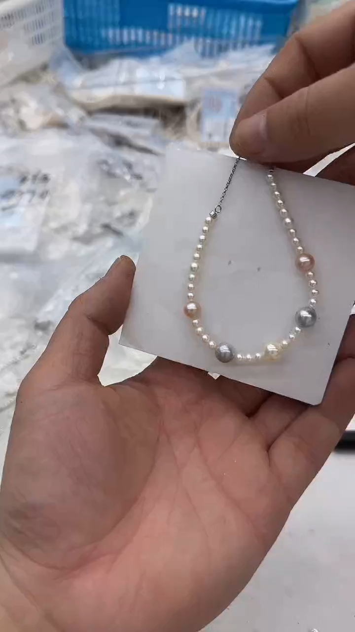 银S925镶嵌手链海水珍珠4-8mm 混彩糖果款-孤品
