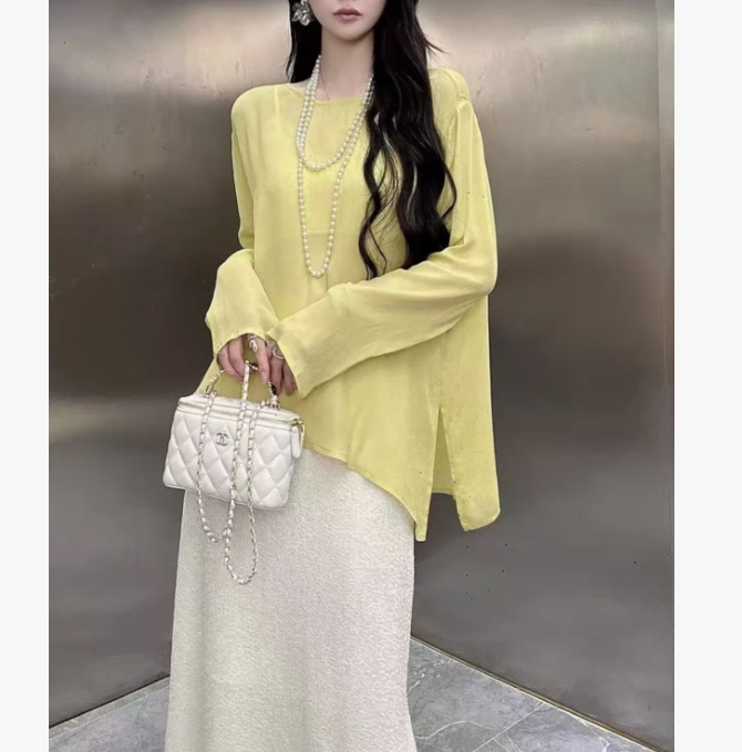 极简风长袖防晒纯色夏季衬衫温柔网红开叉清凉感 A8965