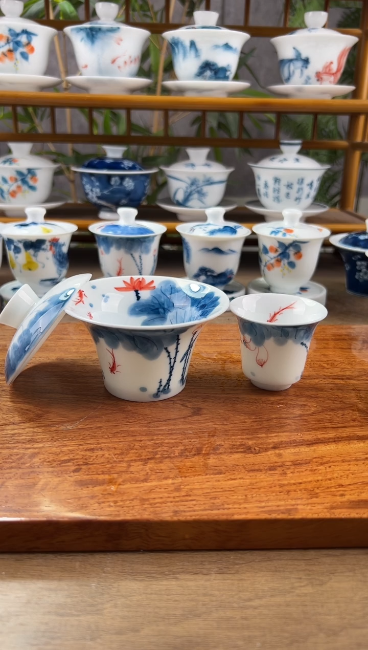 【闪购商品】微瑕线条莲马蹄盖碗带內绘+马蹄杯2个