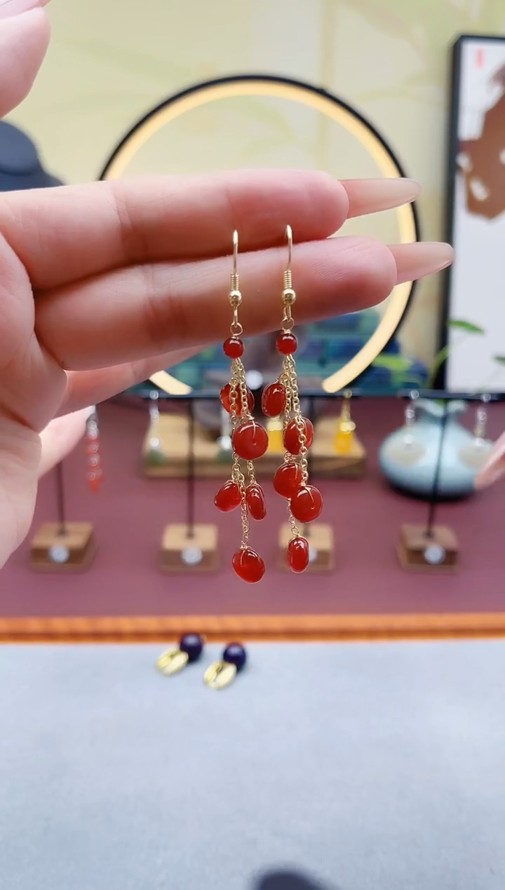 未镶嵌耳饰玛瑙/玉髓00算盘珠红