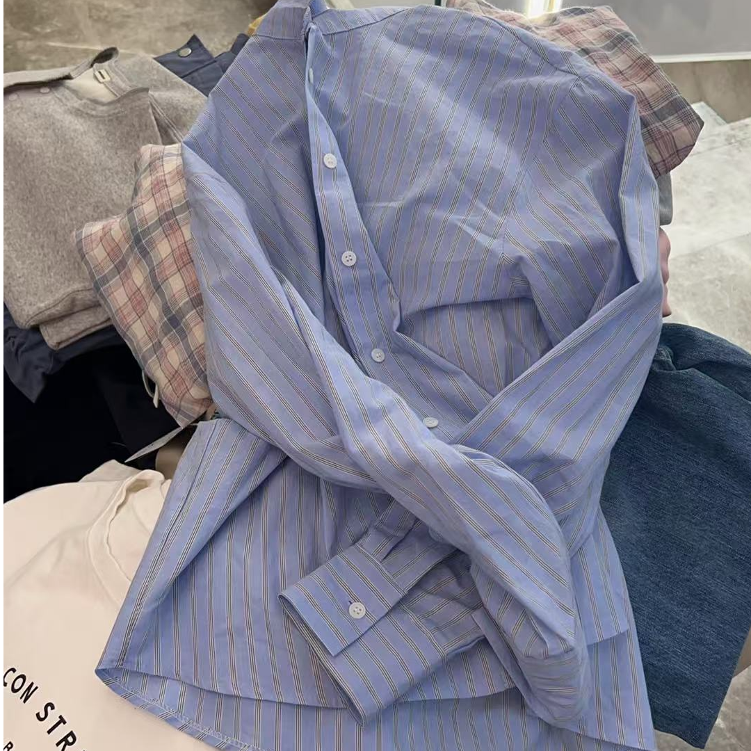 【NO退NO换】韩国东大门2025春款蓝色条纹衬衣
