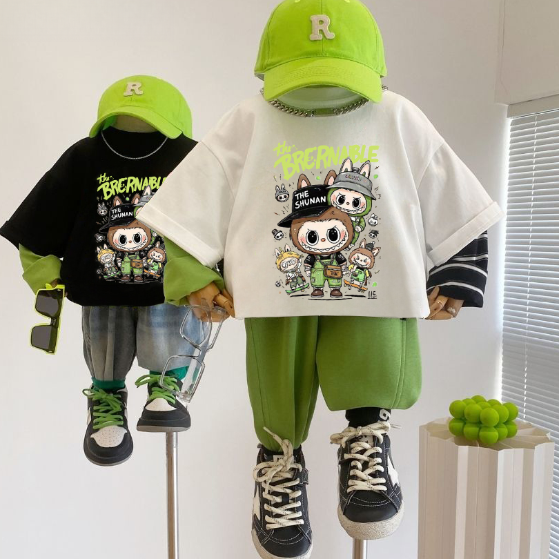 新款童装上衣中小男童2025秋季卡通小清新长袖T恤潮酷假两件打底