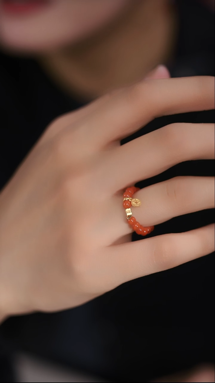 【闪购商品】南红玛瑙戒指银S925镀金镶嵌南红戒指金钱币滴溜