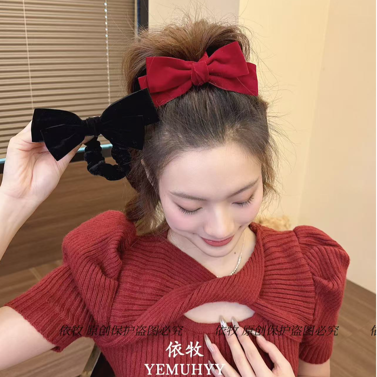 依牧新年圣诞高级感丝绒红色蝴蝶结小肠发圈喜庆扎丸子头新年发饰