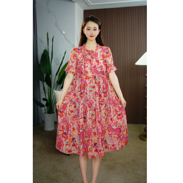 B278新中式国风裙子夏季新款2025时尚气质遮肉显瘦宽松连衣裙