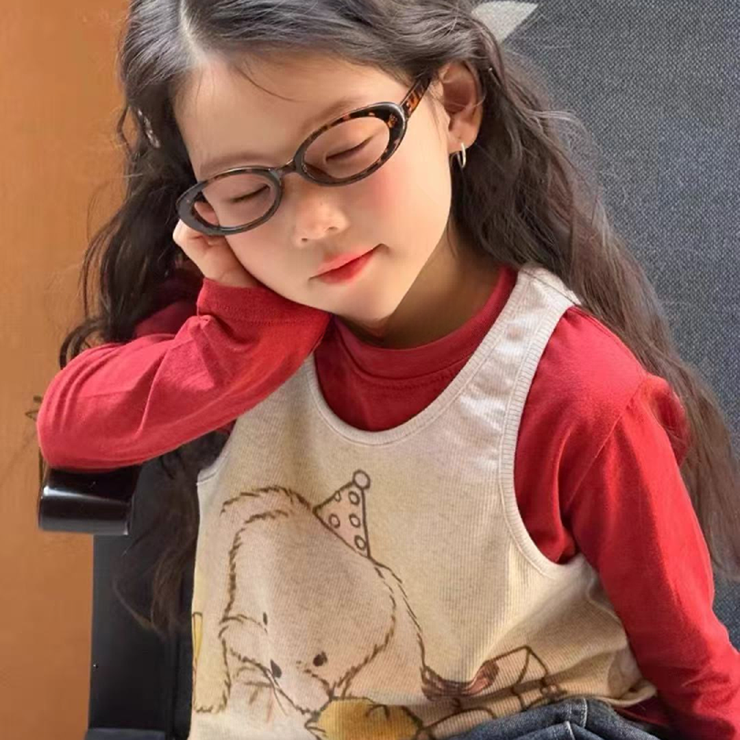 喜呦女童25秋~小狗印花背心打底衫两件套上衣