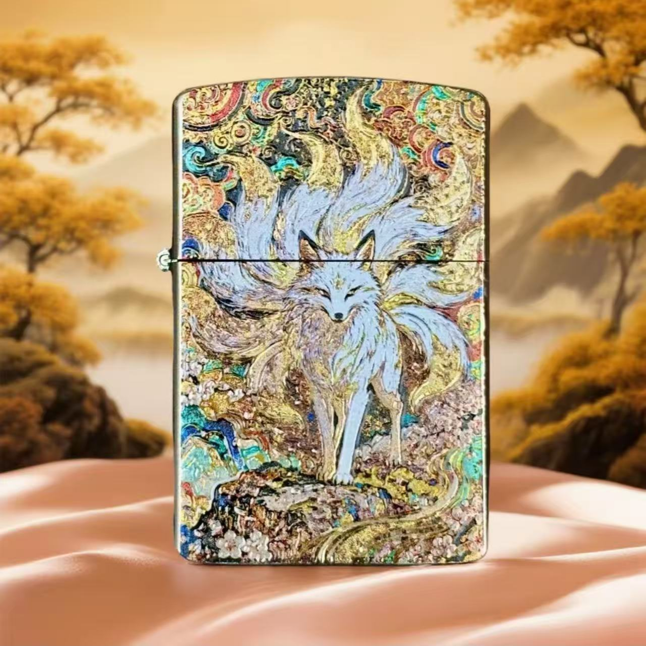 黄铜彩绘青丘金九尾 防风打火机