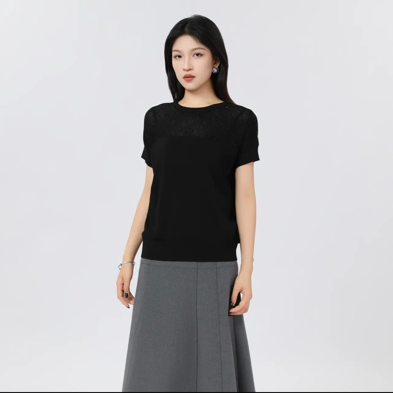 AMASS/阿玛施春夏新款百搭上衣T恤简约修身显瘦短袖针织衫538012