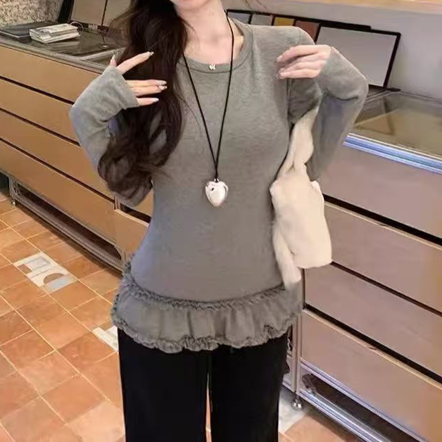韩系法式拼接百搭长袖T恤女春秋季圆领内搭上衣修身打底衫设计感 