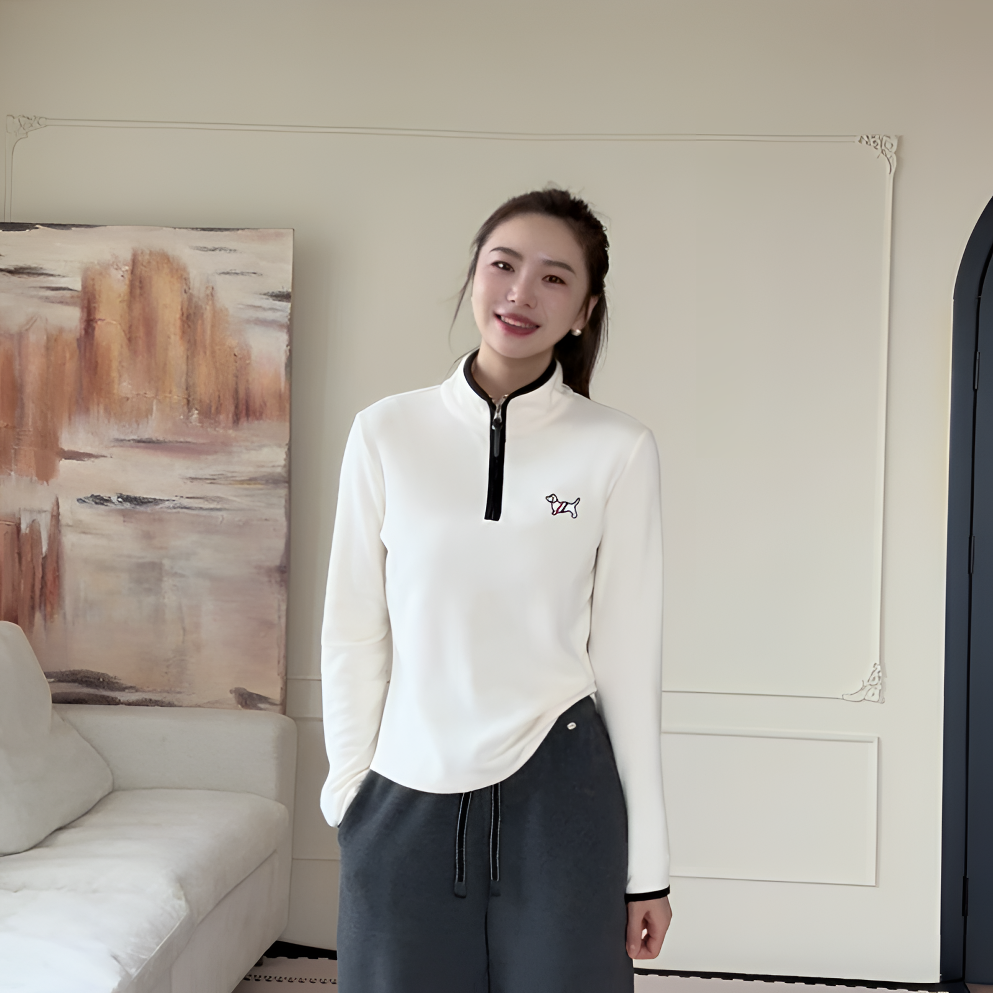 【余欢欢】冬季休闲百搭简约立领小狗刺绣打底T恤-YHW51133