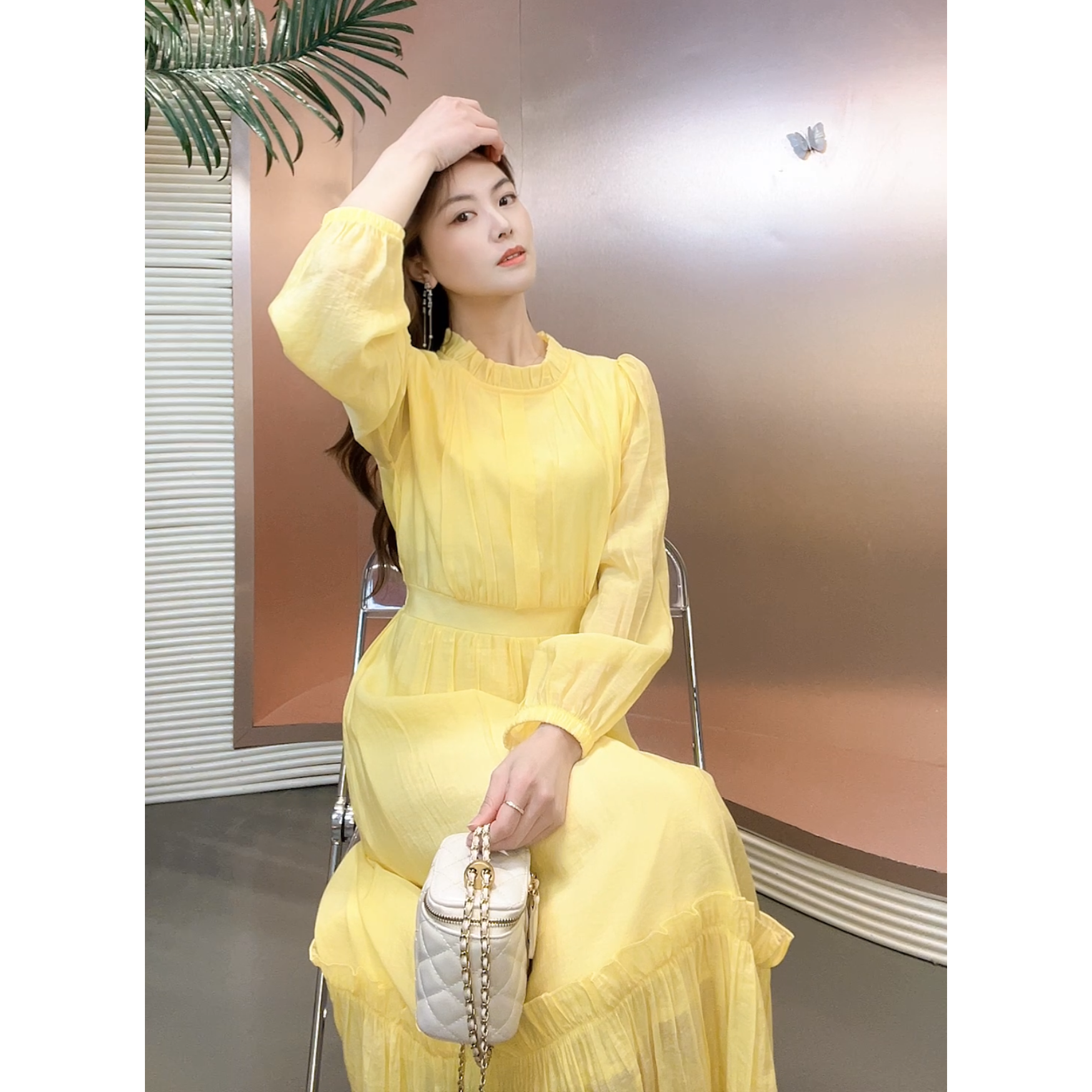 千语栀【山岚小叙】女神范垂坠感长袖连衣裙秋季新款收腰黄色连衣裙