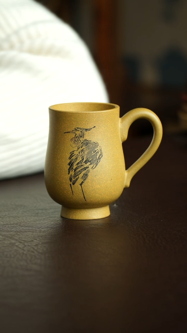 茶杯紫砂20号 新品黄金段白鹭鸟把杯 宜兴紫砂原矿作品