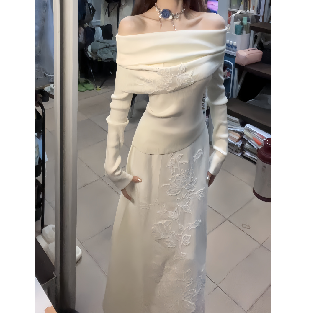 气质冬季新款韩剧千金针织套装女一字肩绣花上衣高腰半裙两件套秋