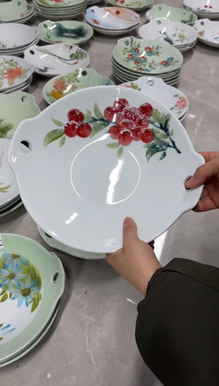 景德镇高温陶瓷食品级手绘釉中彩餐具-双耳锅