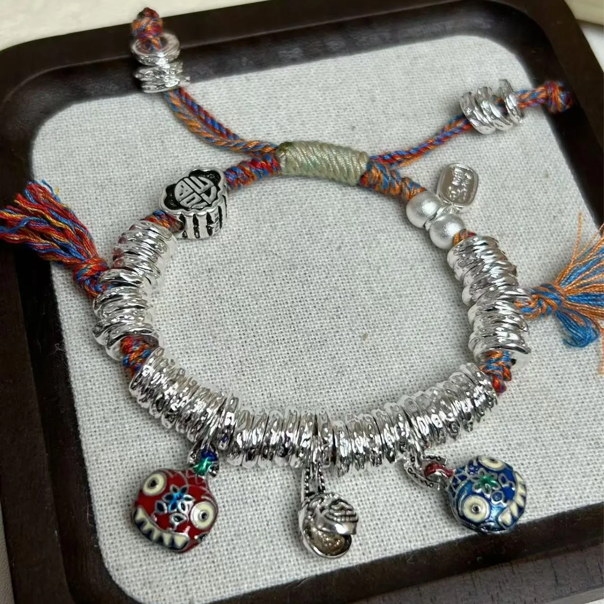 足银手链 吞金兽足银珐琅盘缠 实心999足银好运招财手链