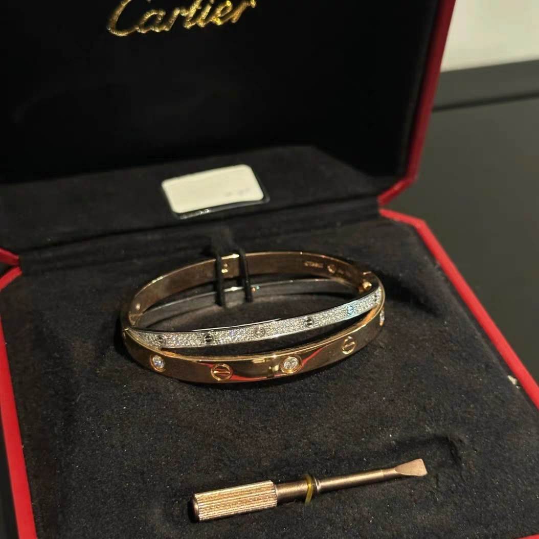 99新 Cartier/卡地亚 小花6欢 LOVE满钻白金玫瑰金双层手镯 17号