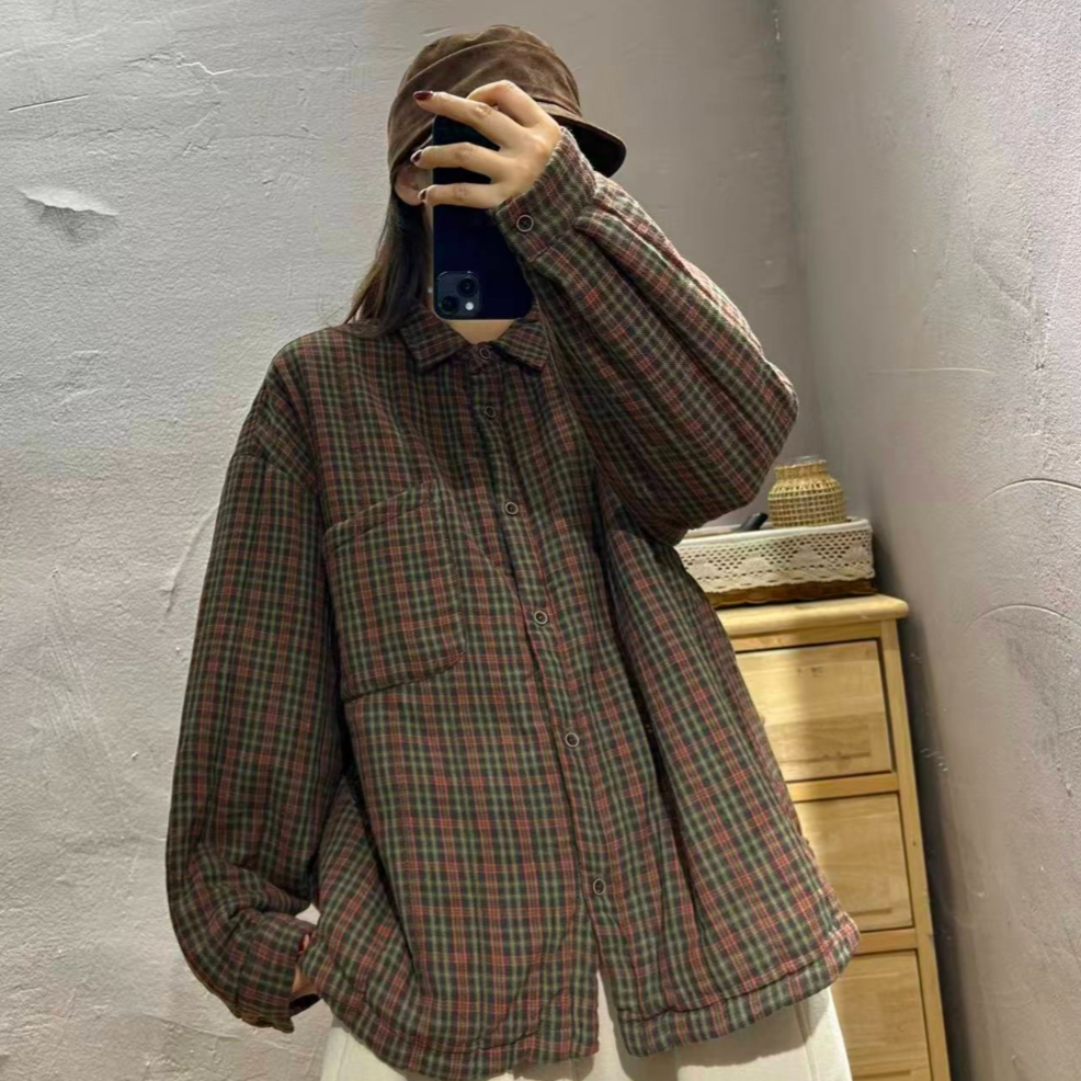 【半奏】孤品 秋冬新款休闲百搭翻领口袋细格棉服女