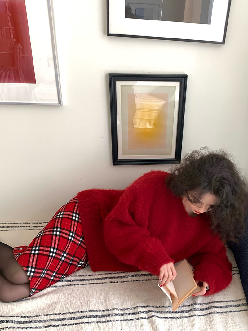 酒午港风复古秋冬新款高腰显瘦加厚格纹包臀半身裙KLF3504