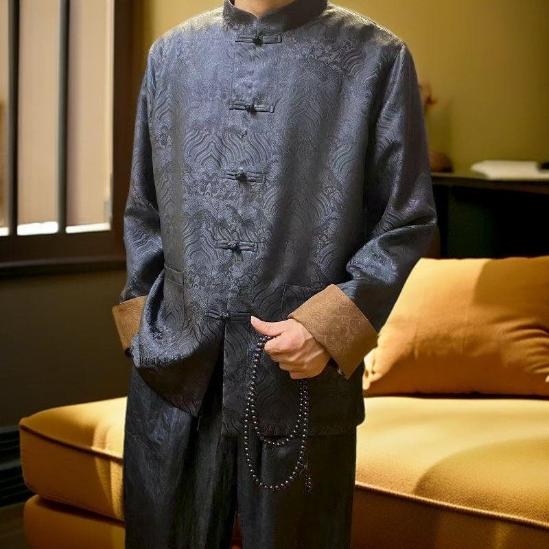 （新款上新）新中式男款唐装上衣外套长袖马蹄袖提花海涯香云纱原创
