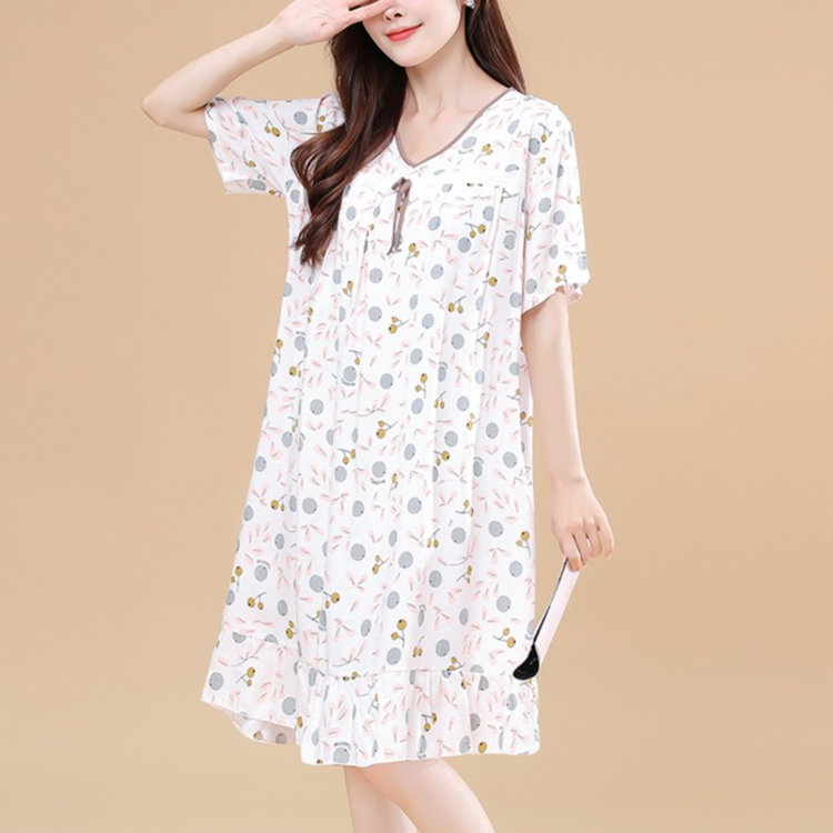 睡裙女夏季薄款短袖睡衣家居服V领甜美宽松可外穿