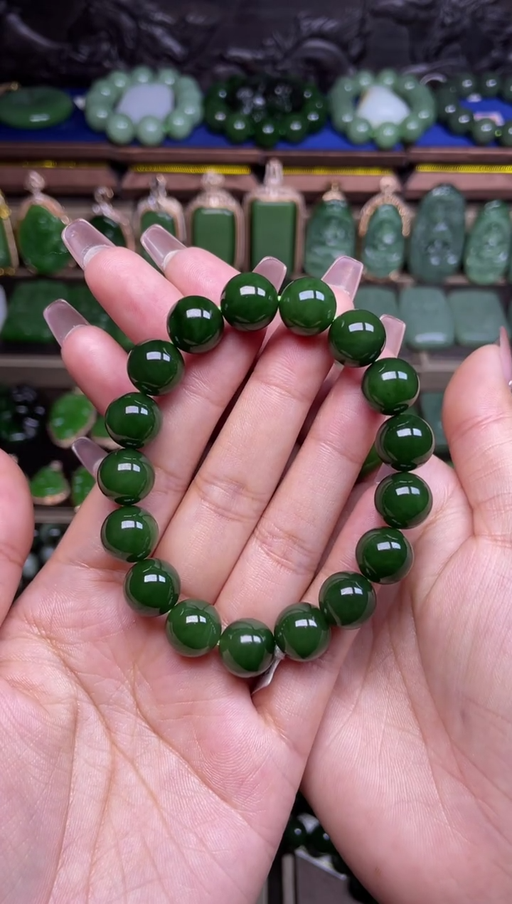 【闪购商品】和田玉（碧玉）手串珠子直径12未镶嵌老菠菜绿