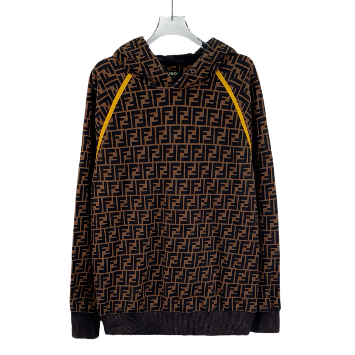 95新 FENDI/芬迪 DM0168  深棕色满印连帽抽绳长袖卫衣 L码