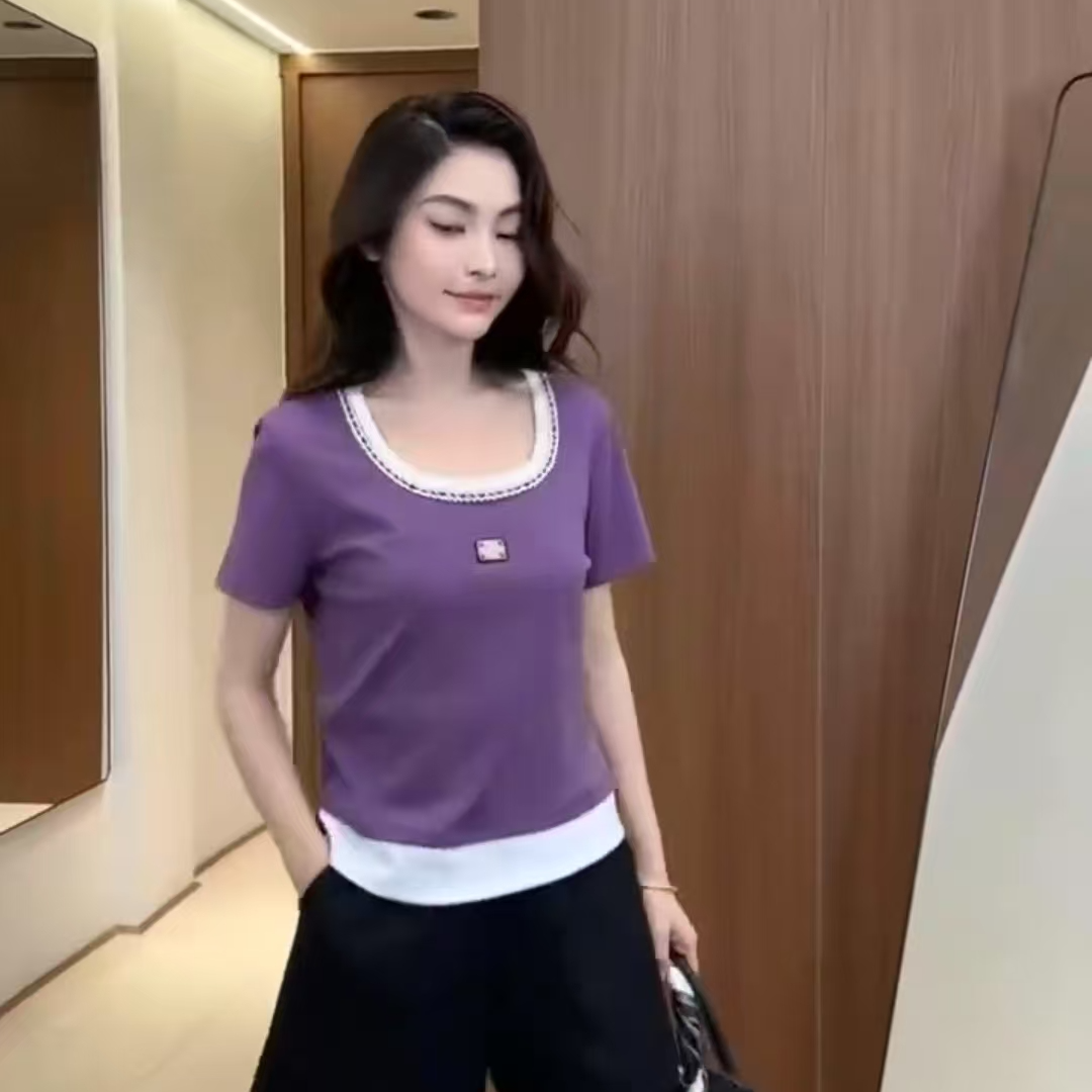 9901款假两件T恤夏季新款甜辣设计感修身显瘦短款撞色短袖上衣