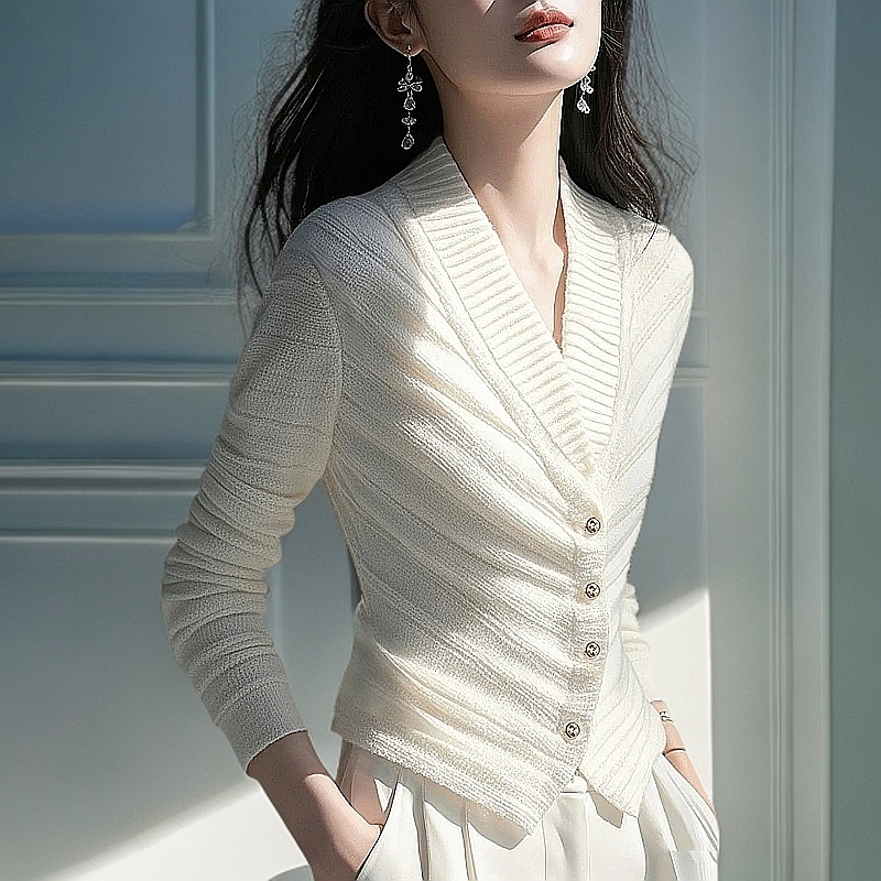 白色v领短款收腰开衫毛衣女早春超好看高级感显瘦修身针织衫上衣