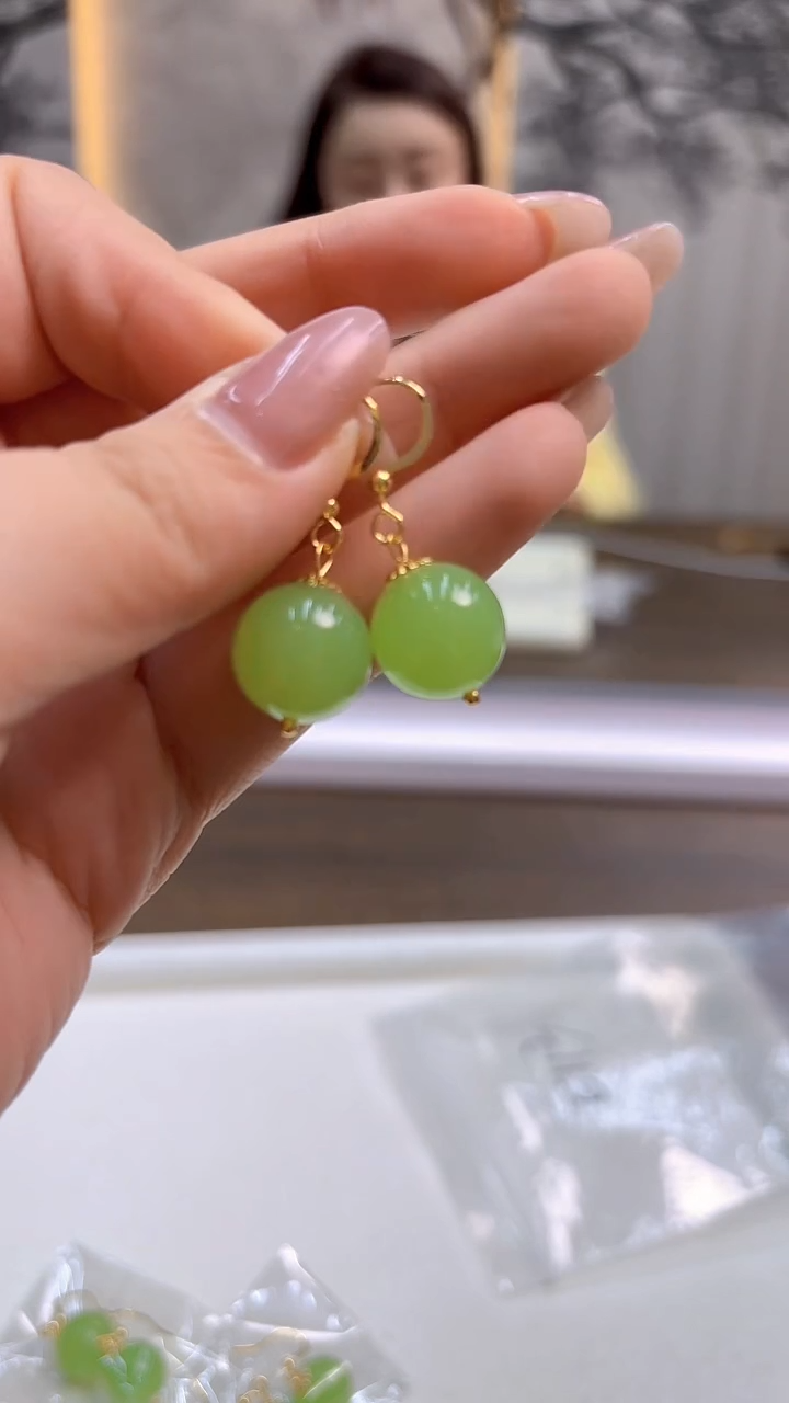 14K金镶嵌和田玉耳饰DIY款E113