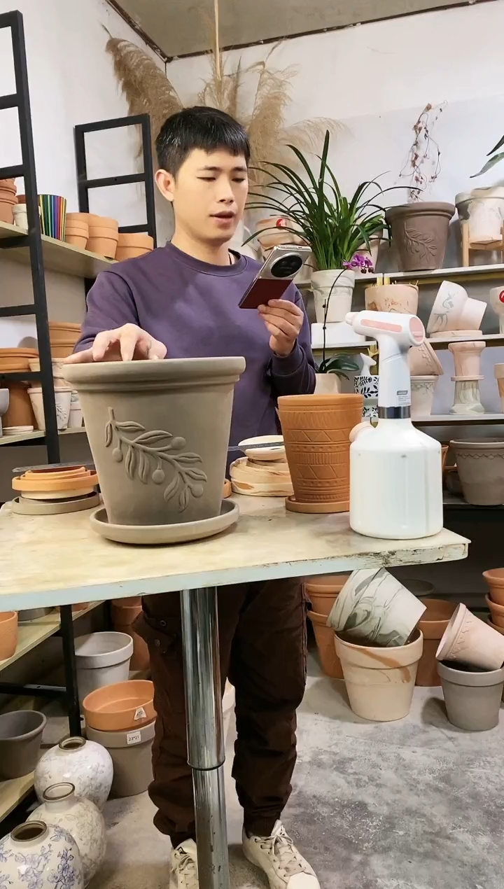 【闪购商品】红陶25*23灰陶橄榄枝 1盆1托