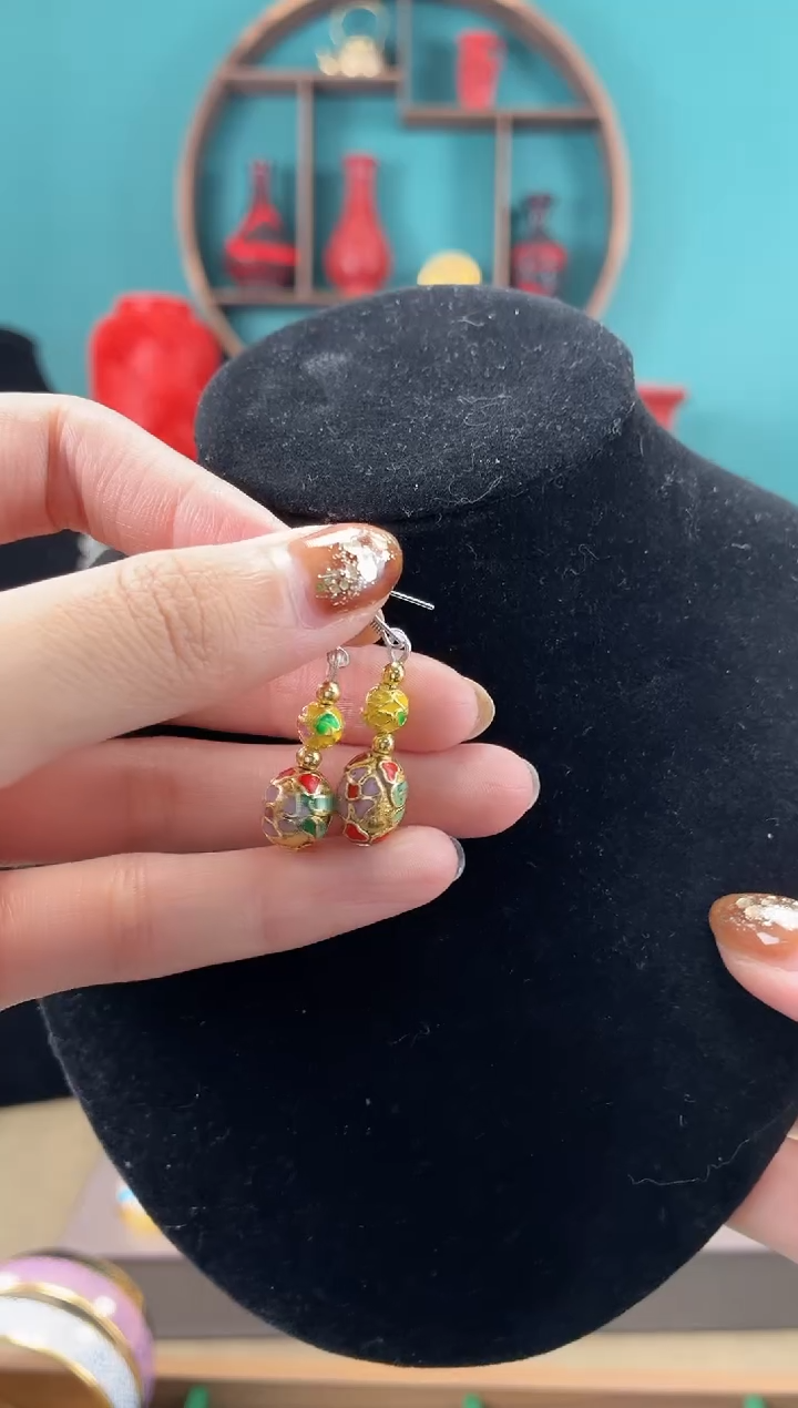 非遗手工景泰蓝金地枣珠耳环加黄色
