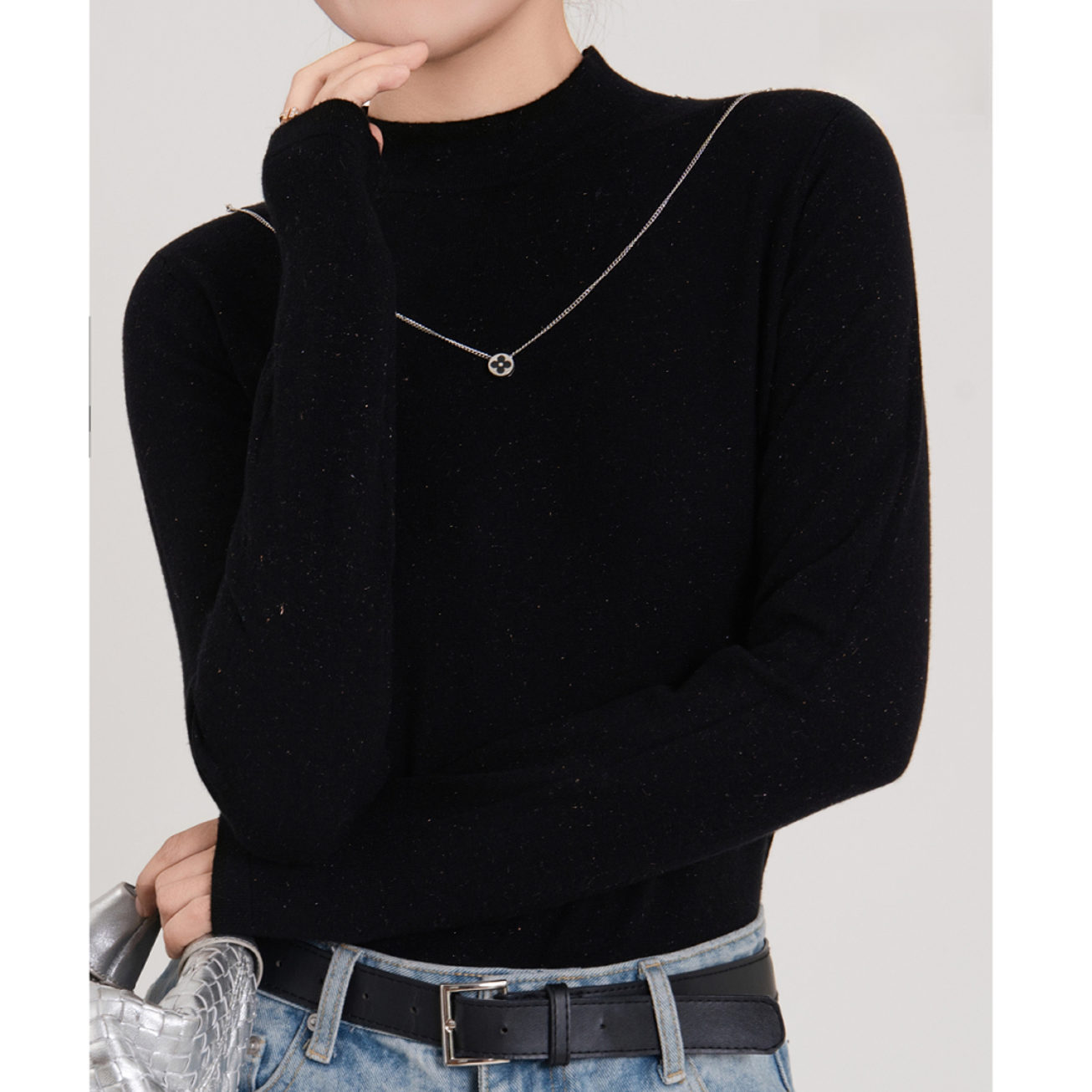 半高领秋冬打底上衣百搭休闲纯色立领通勤风长袖纯色宽松针织7397