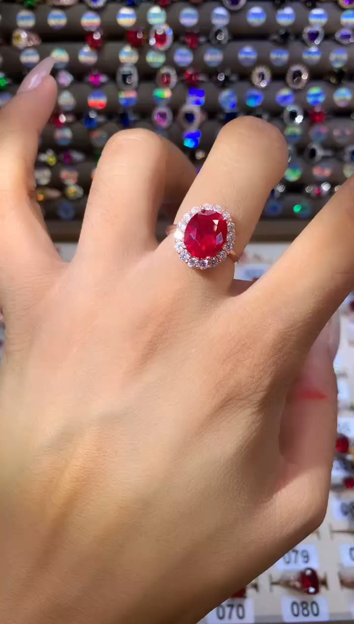 红宝石戒指银S925镶嵌911玫瑰金