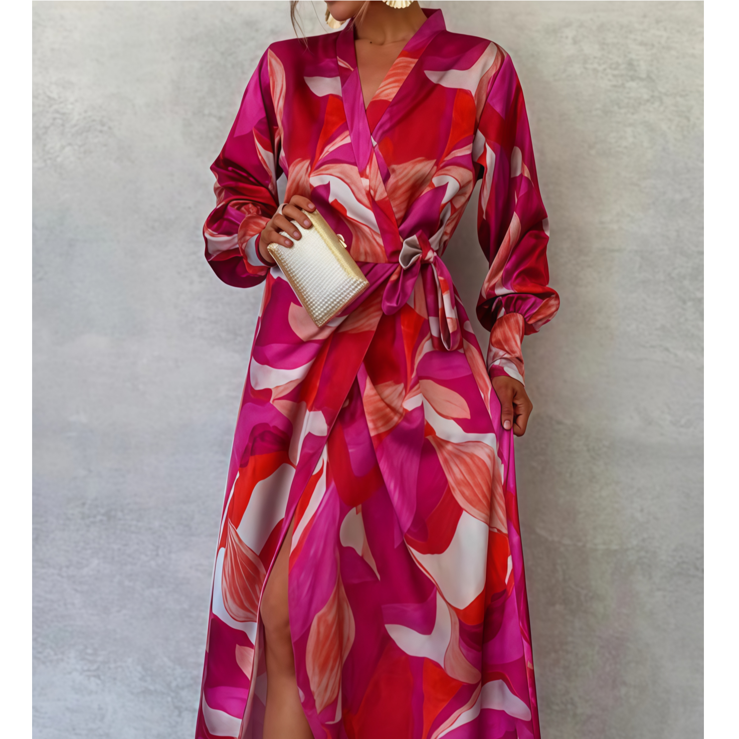 A42秋季长裙色彩印花V领连衣裙一片式女装裹裙开叉女士裙