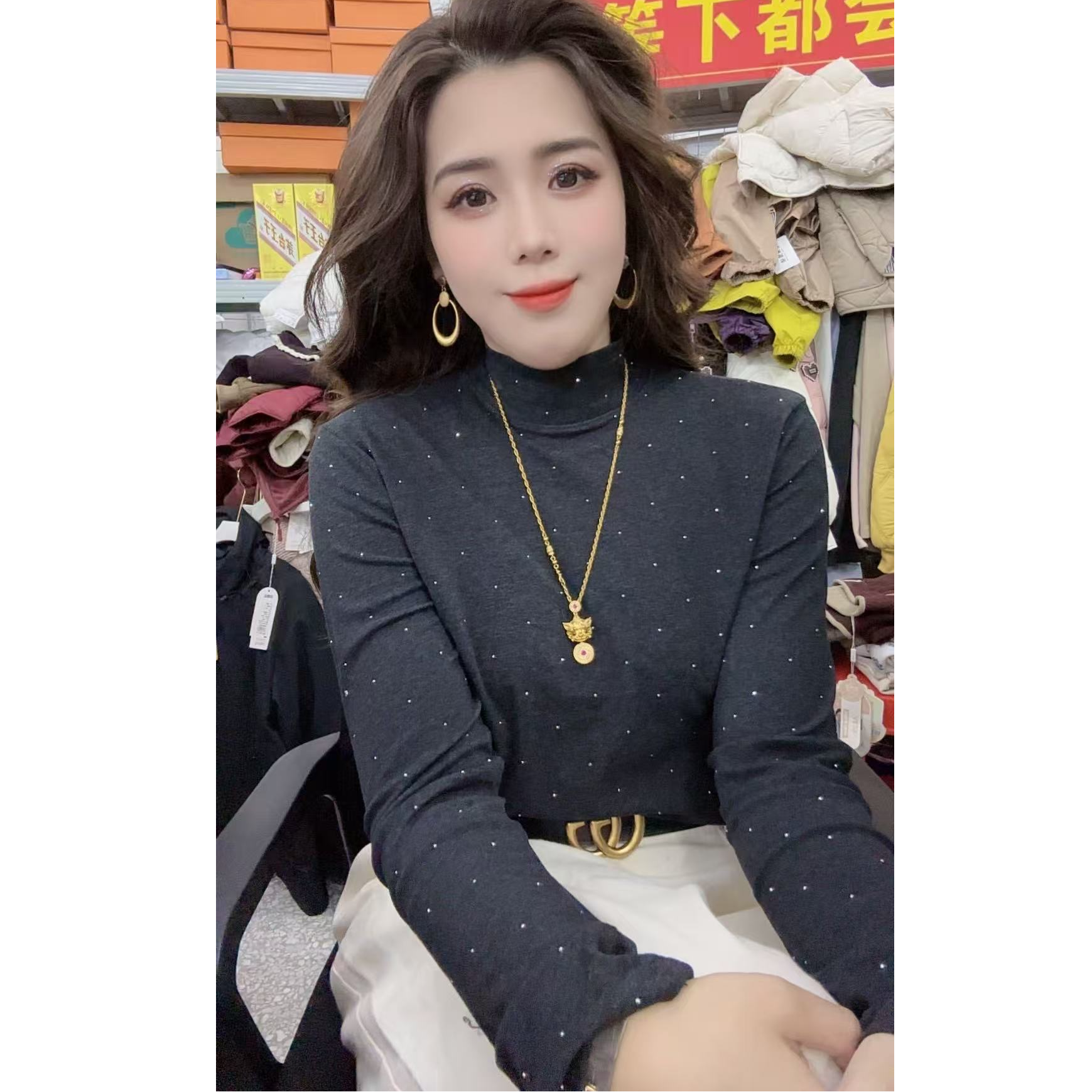 双面磨毛烫钻半高领打底衫