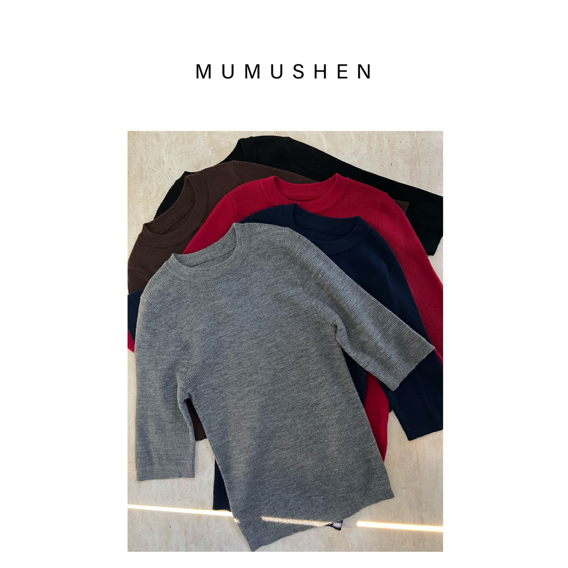 MUMUSHEN  超细羊毛极简圆领中袖外穿女针织羊毛上衣