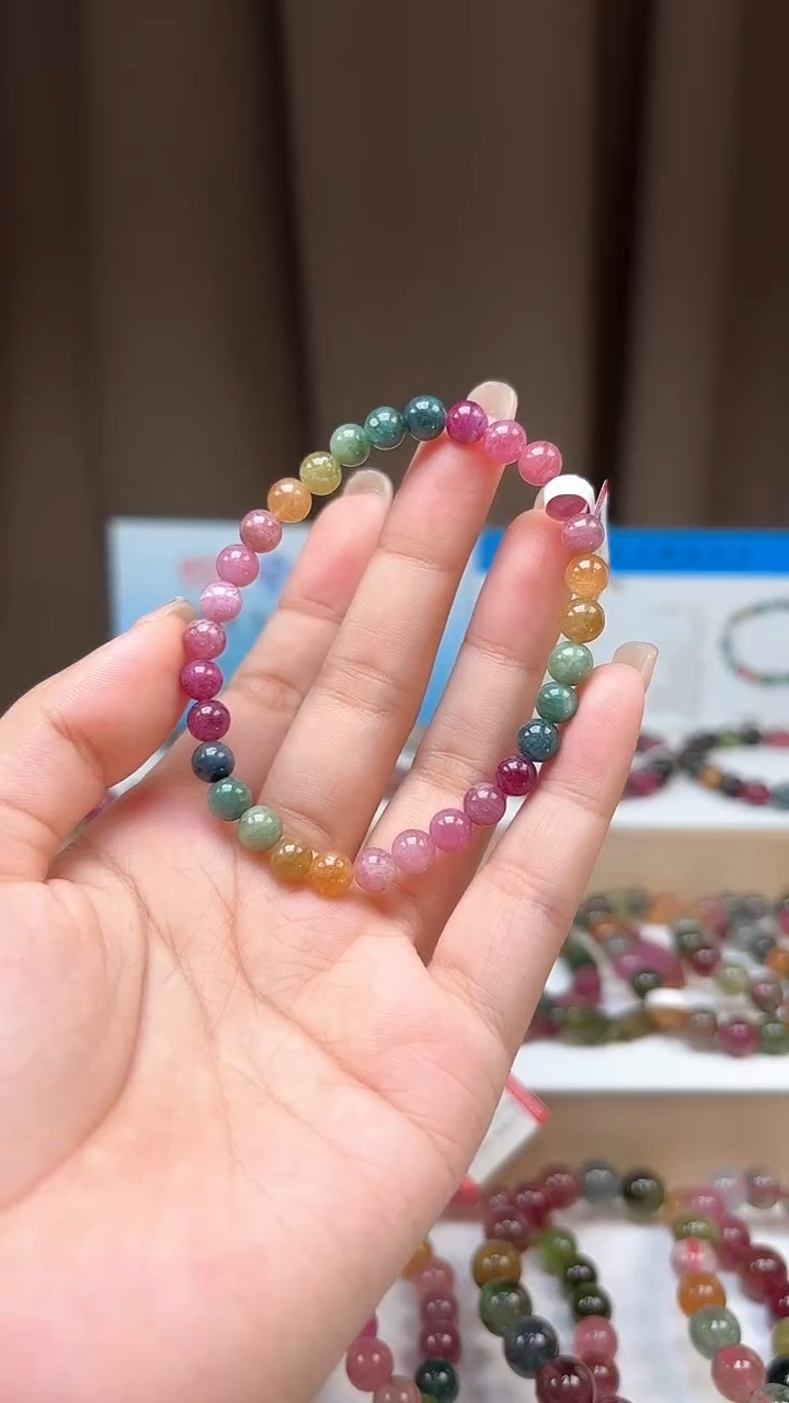 手串未镶嵌碧玺是***啊6mm艳丽彩虹色高阶油画体单圈手串