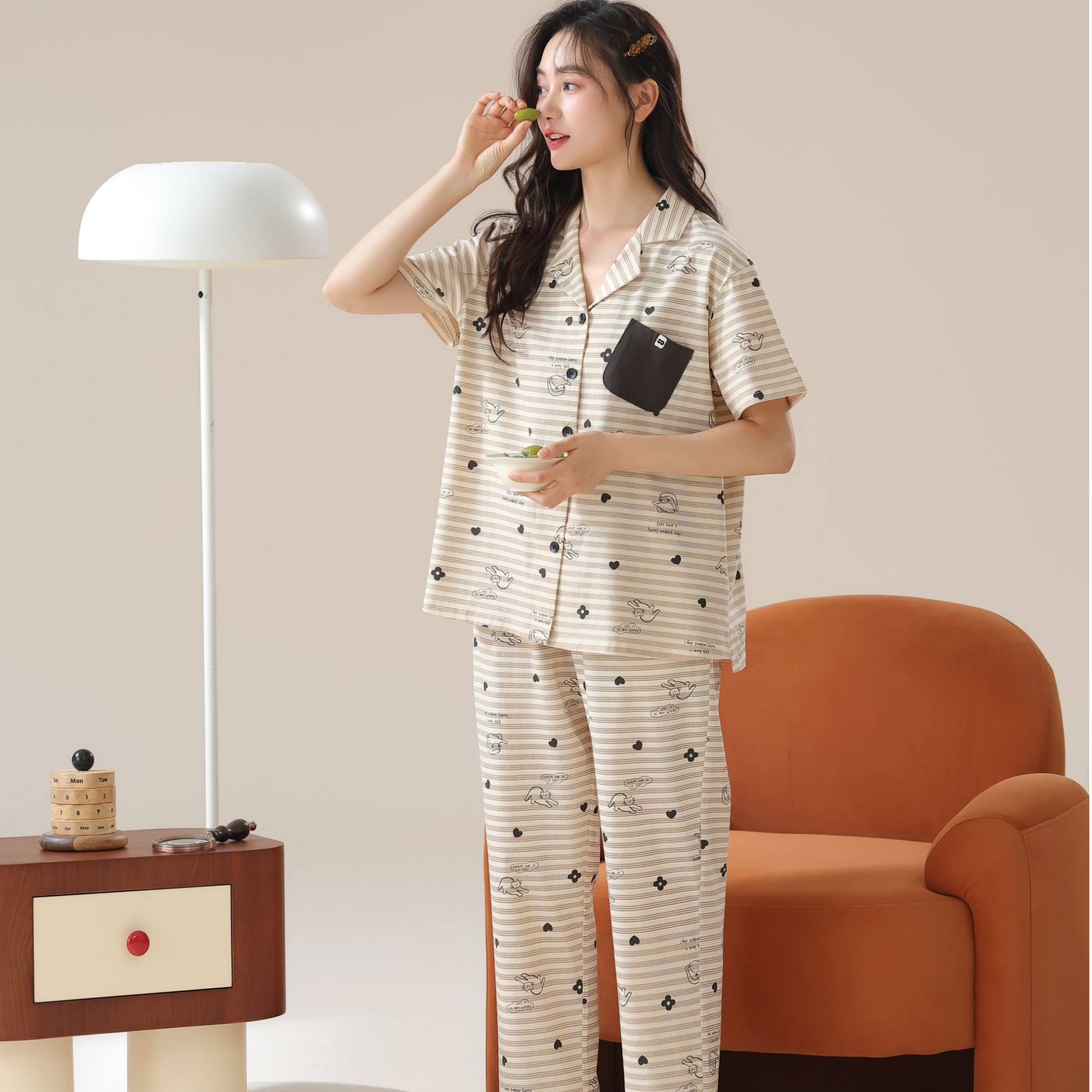 【条纹奶咖】短袖薄款长裤夏季睡衣家居服套装女士休闲提花时尚5507