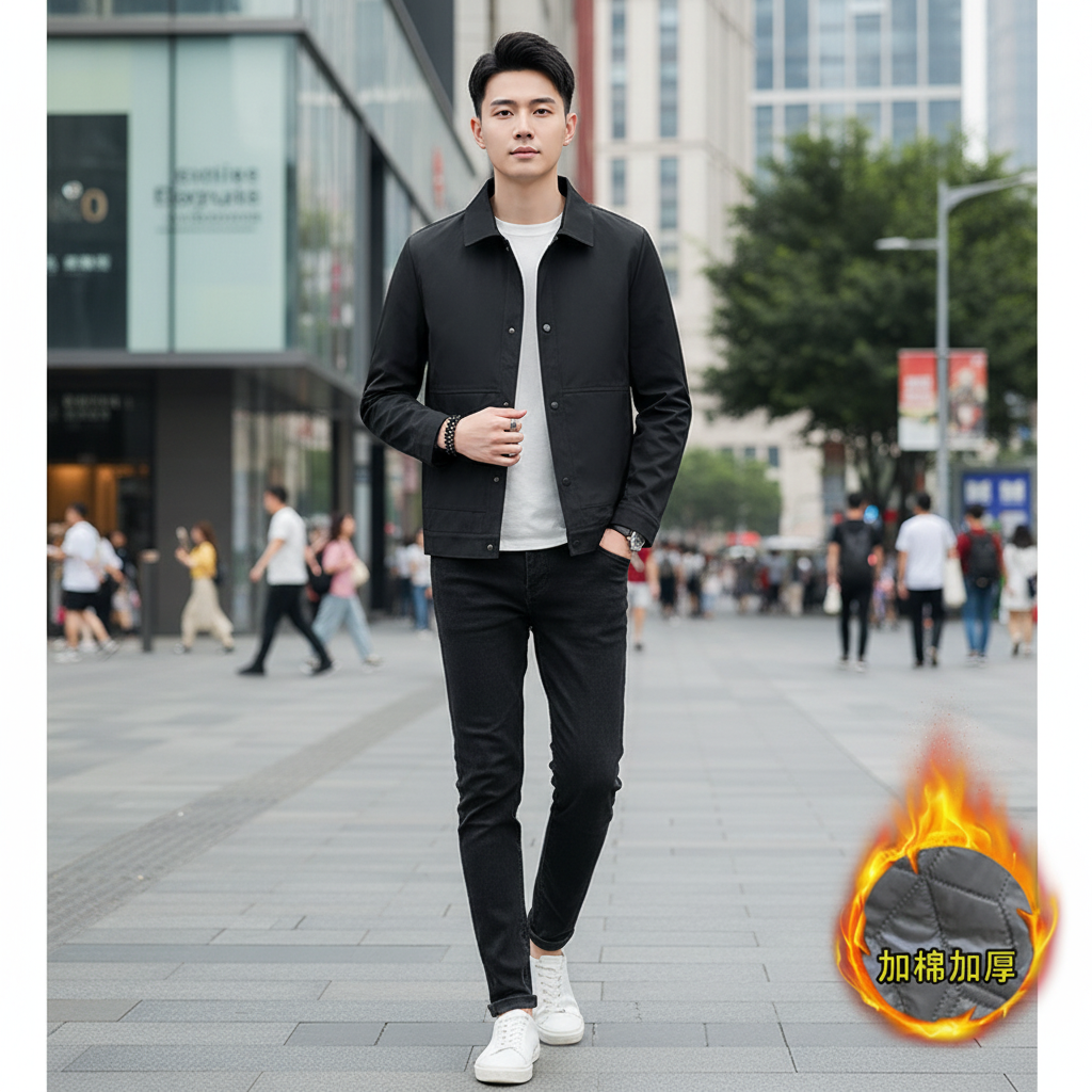 2025秋冬男翻领男士韩版外套翻领夹克秋冬季百搭加棉男装商务休闲