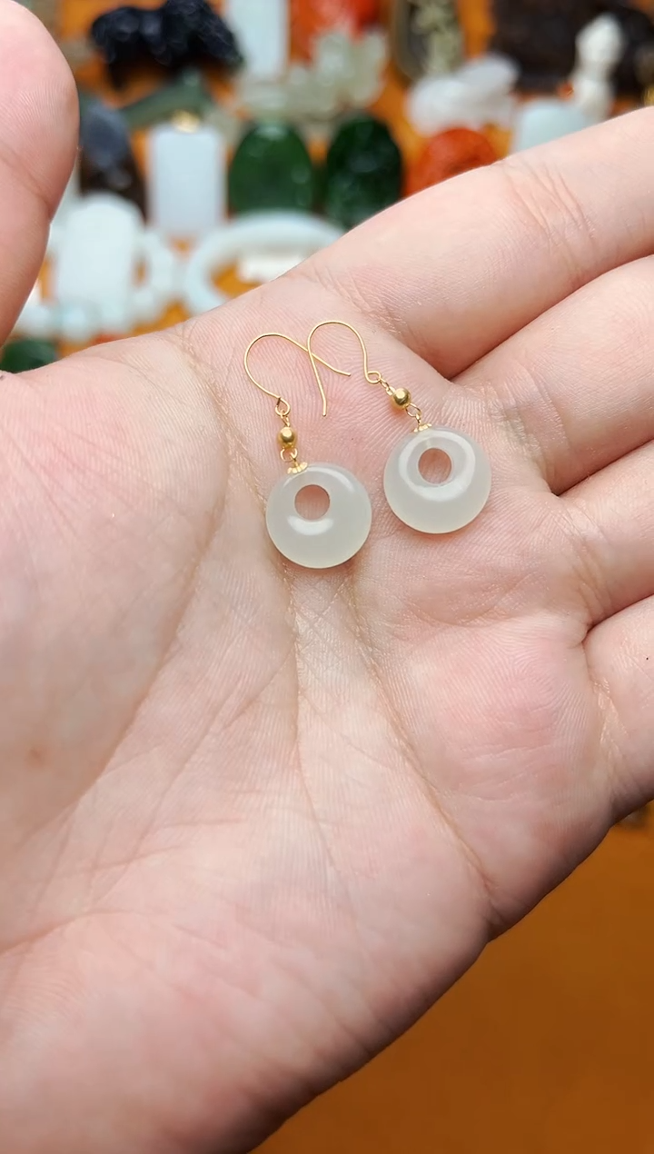 【闪购商品】和田玉耳饰18K金镶嵌平安扣