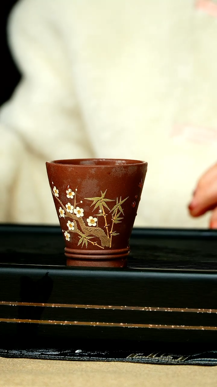 茶杯紫砂泥绘斗笠主人杯  老紫泥150cc