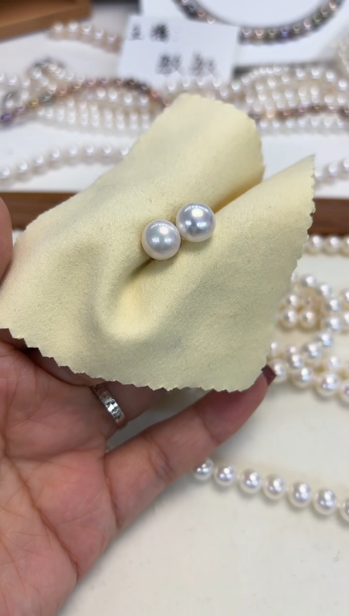 银S925镶嵌耳饰淡水珍珠9-10MM无核