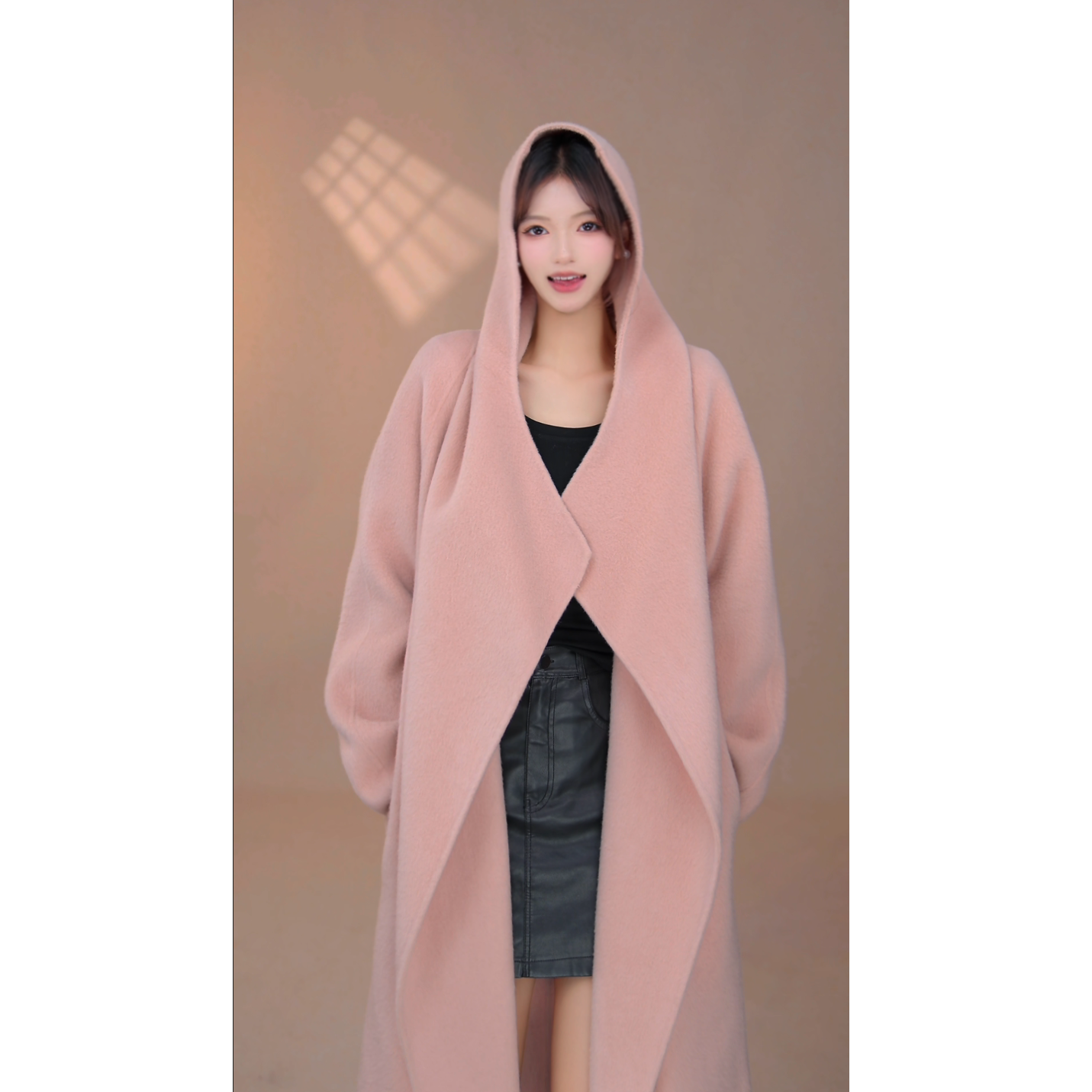 （七七）长款毛呢翻领大衣毛呢外套纯色连帽女士直下摆25516