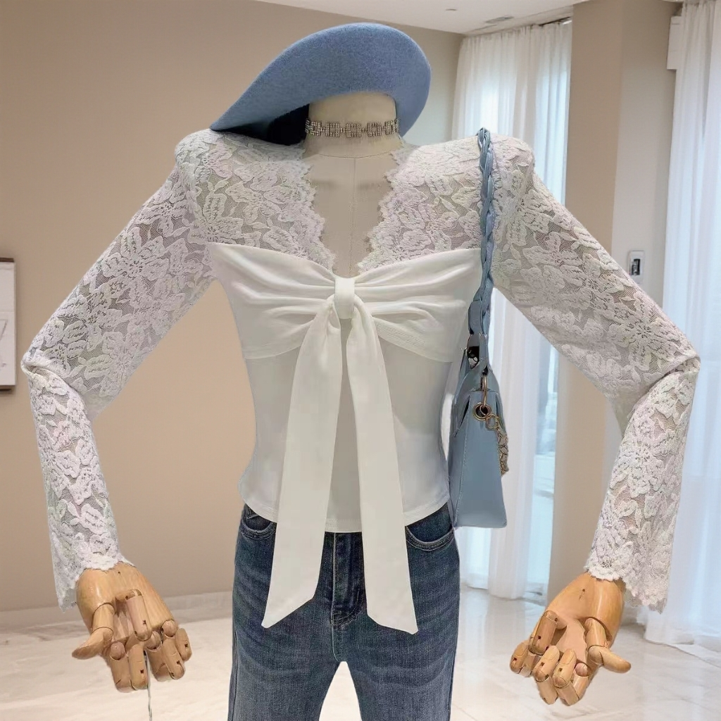2025冬季新款纯欲拼蕾丝法式蝴蝶结上衣9037*