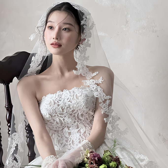 新娘头纱韩式复古简约高级感长款拖尾蕾丝花边摄影造型