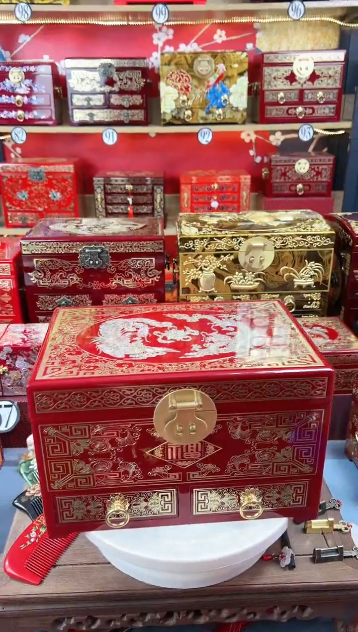 【闪购商品】28厘米三层双抽掐丝螺钿酒红铜扣龙凤