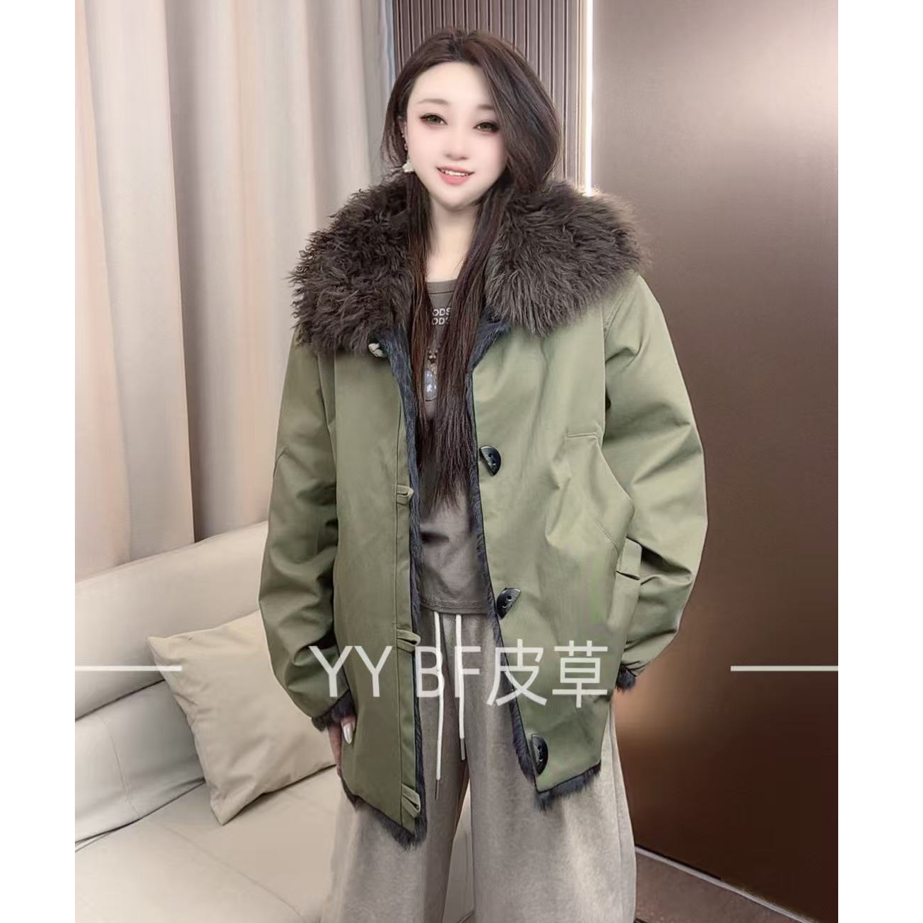 冬季新款兔毛双面羊羔毛毛领皮草派克服