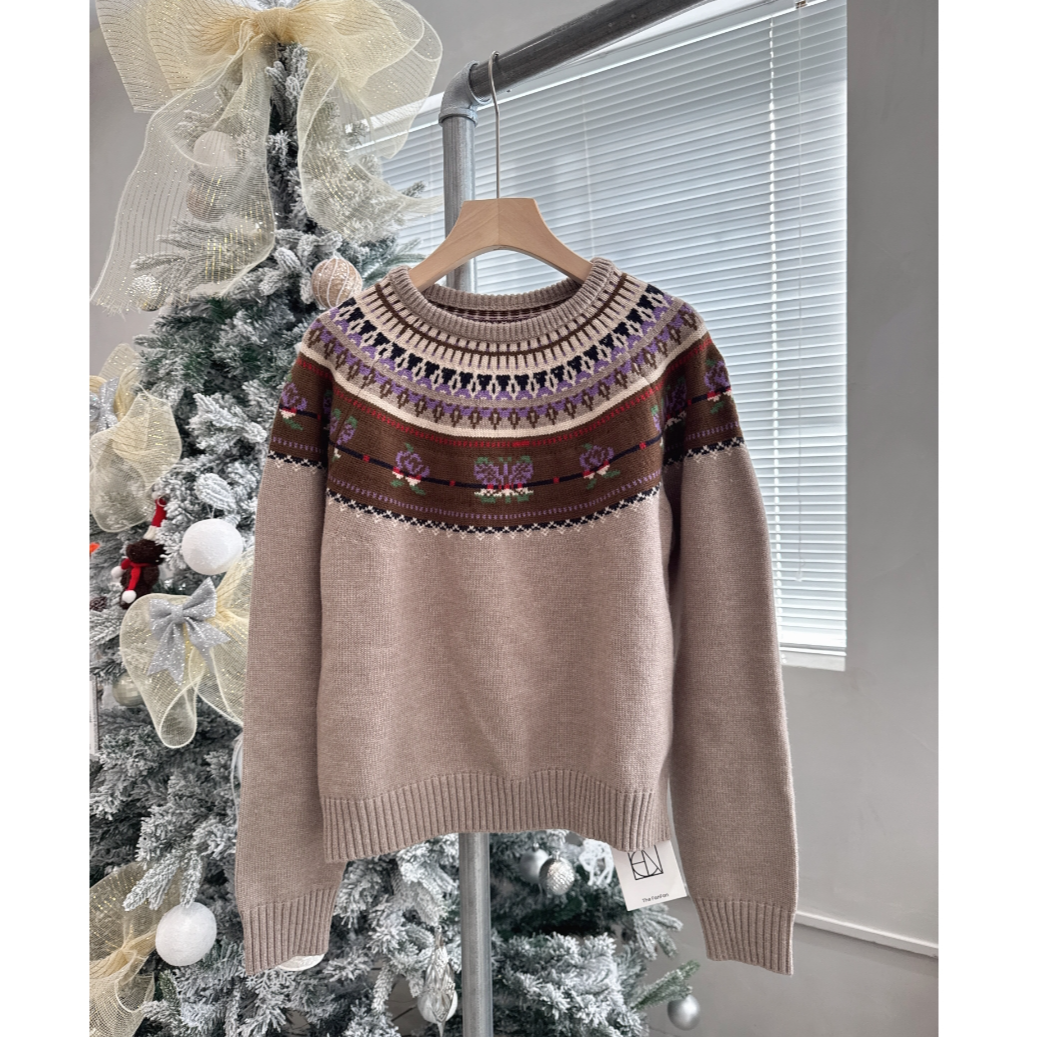 “旧日花园”复古提花针织圆领毛衣