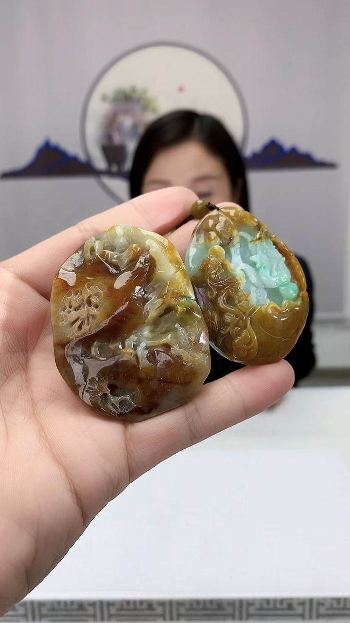 【闪购商品】定制翡翠未镶嵌4852bb-毛货挂件2个83赠2条珠链