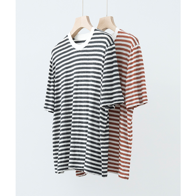 拼色亚麻条纹透气春夏百搭圆领短袖T恤NT4B2222